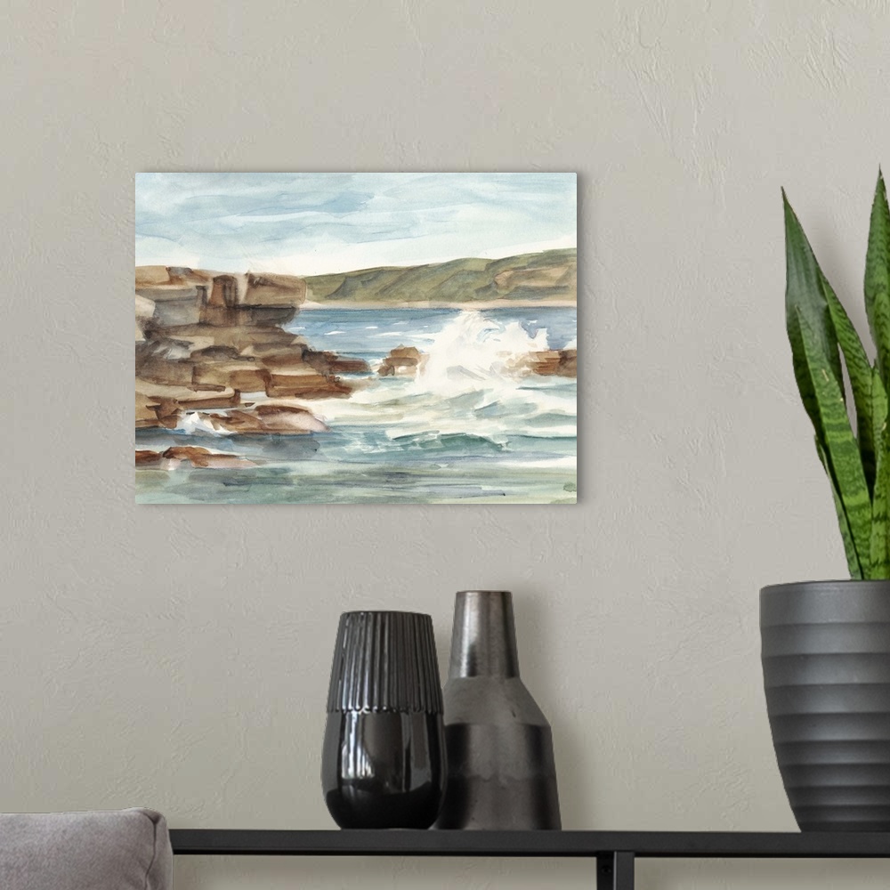 A modern room featuring Contemporary painting of waves crashing against a rocky shore.