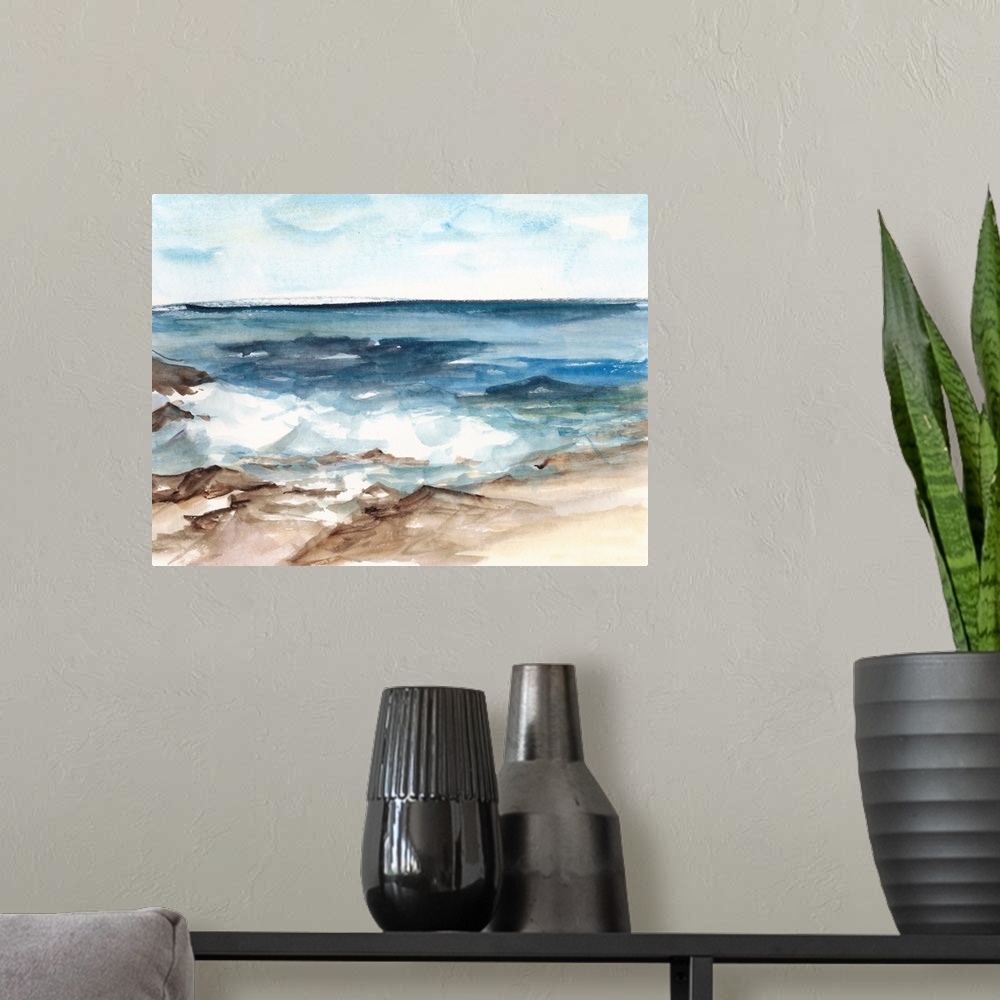 A modern room featuring Contemporary painting of waves crashing against a rocky shore.