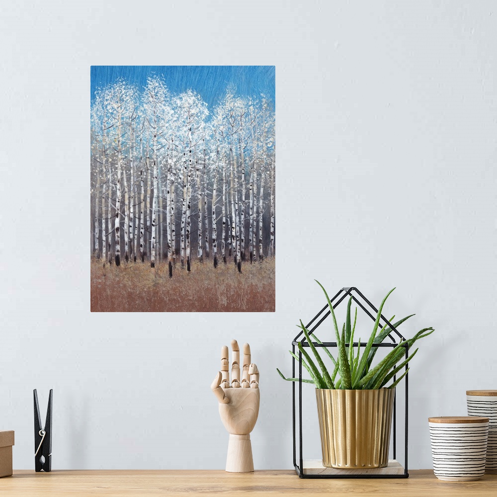 A bohemian room featuring Contemporary painting of a forest of white birch trees under a blue sky.