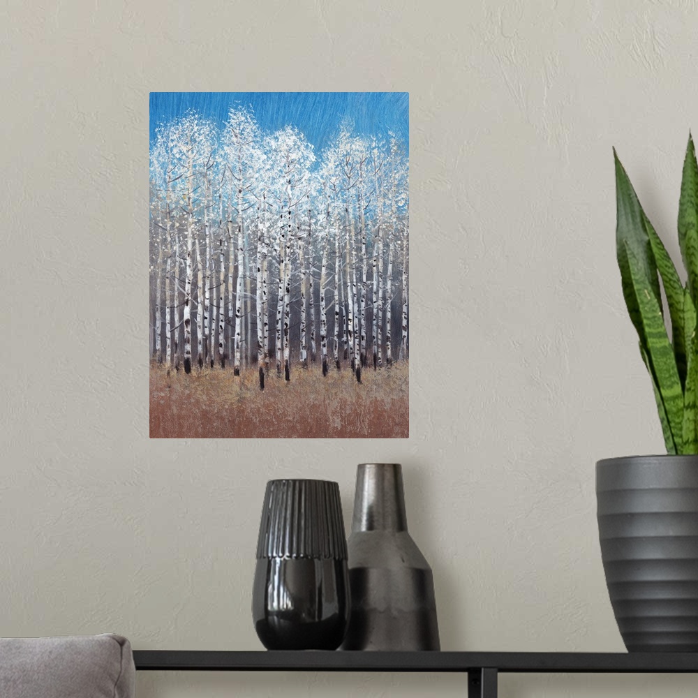 A modern room featuring Contemporary painting of a forest of white birch trees under a blue sky.