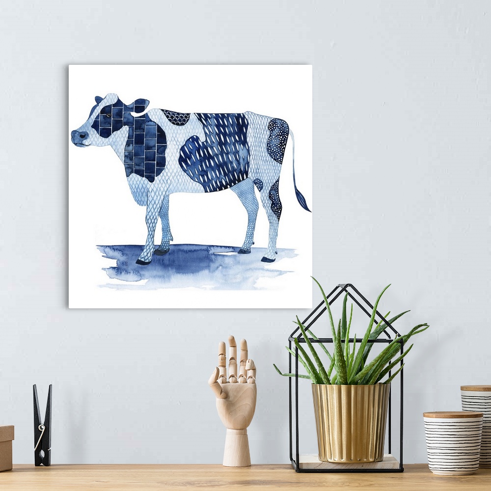 A bohemian room featuring In this contemporary artwork, a pleasant farm animal is adorned by different patterns in shades o...