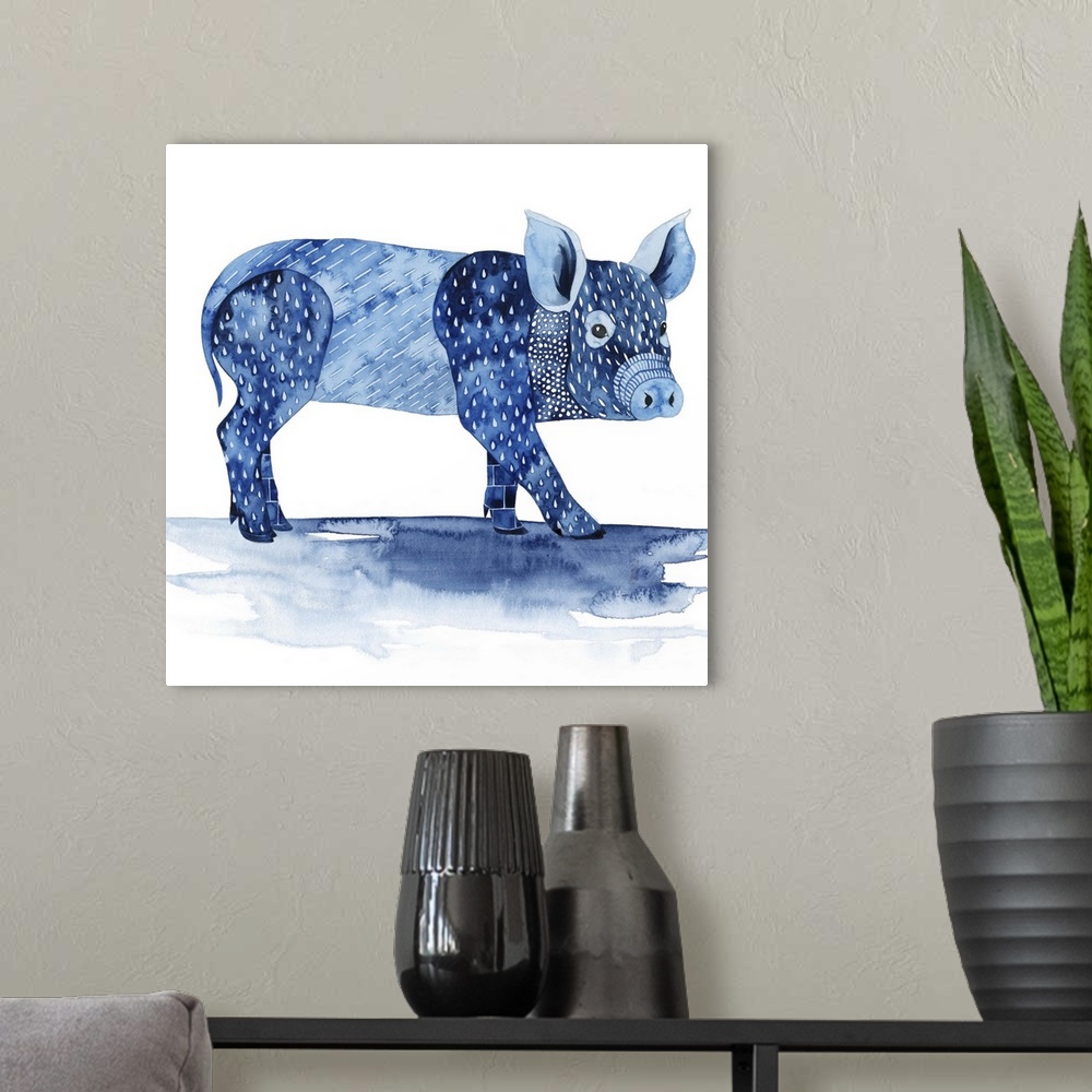 A modern room featuring In this contemporary artwork, a pleasant farm animal is adorned by different patterns in shades o...