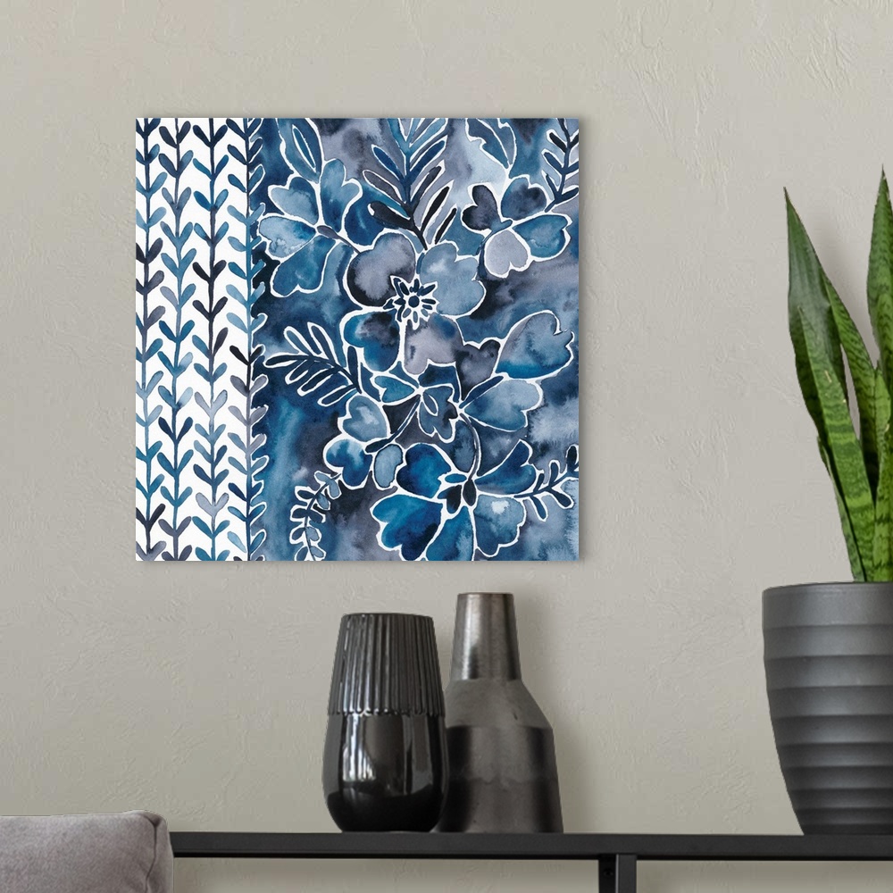 A modern room featuring This contemporary watercolor artwork consists of blue flowers that tumble over a mottled blue bac...