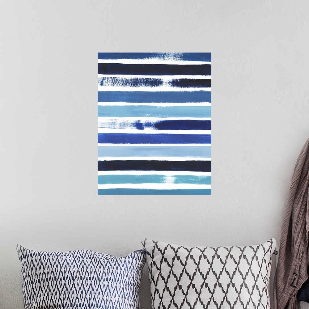 A bohemian room featuring Modern painting of prominent, horizontal brush srtokes in shades of blue on a white background.