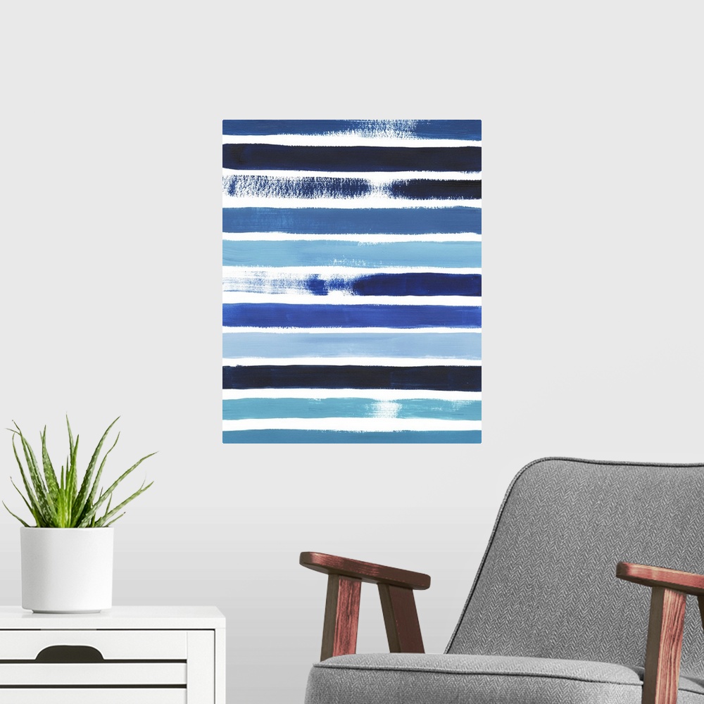 A modern room featuring Modern painting of prominent, horizontal brush srtokes in shades of blue on a white background.