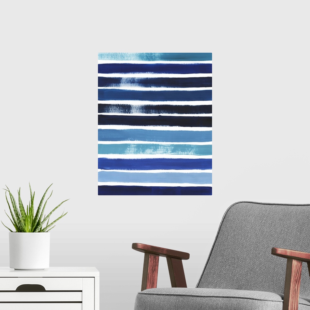 A modern room featuring Modern painting of prominent, horizontal brush srtokes in shades of blue on a white background.