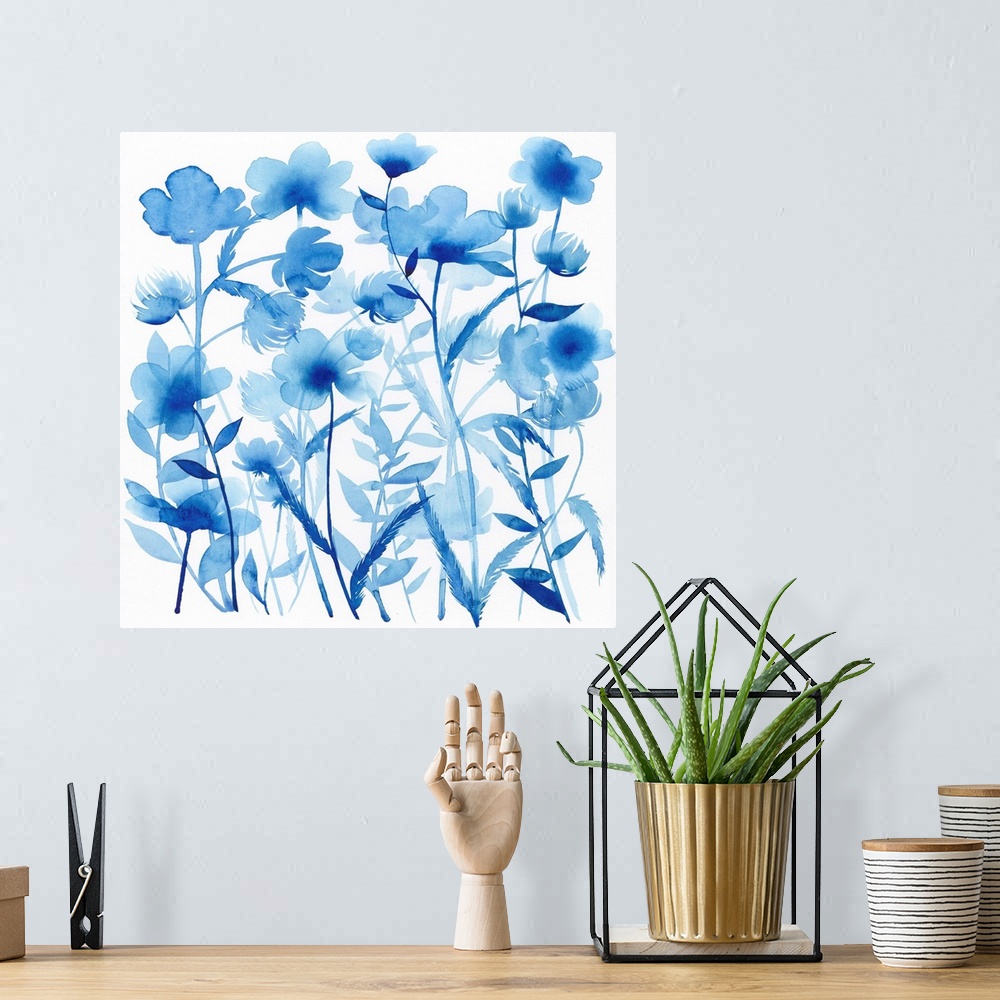 A bohemian room featuring Blue watercolor flowers against a white background.