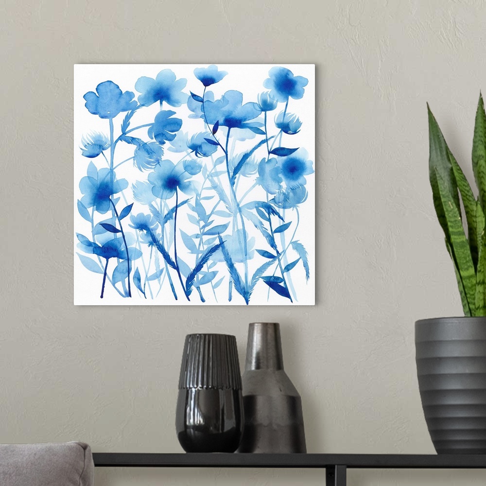 A modern room featuring Blue watercolor flowers against a white background.