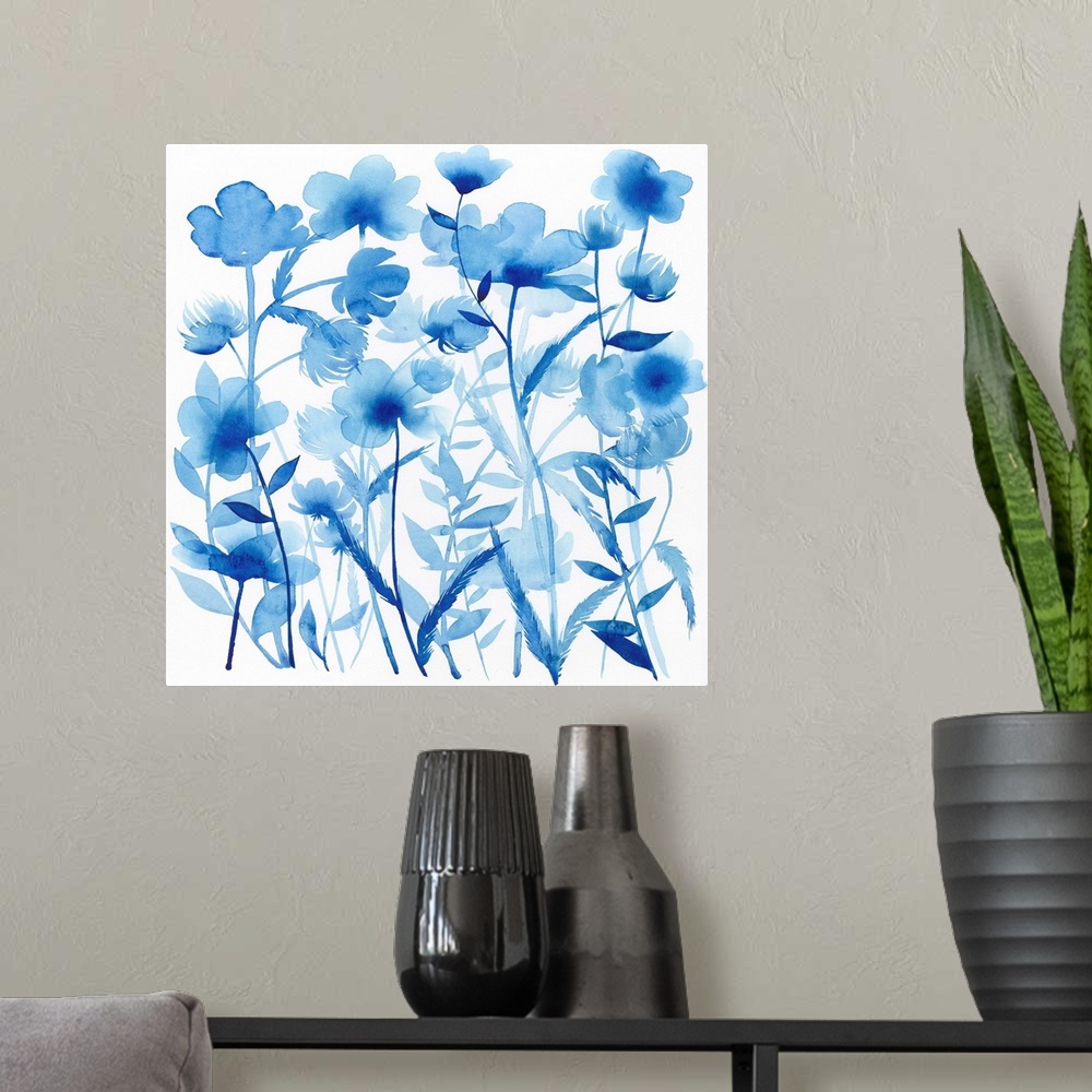 A modern room featuring Blue watercolor flowers against a white background.