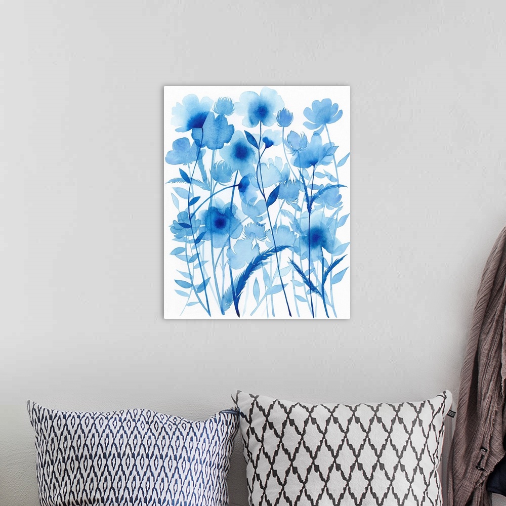 A bohemian room featuring Blue watercolor flowers against a white background.