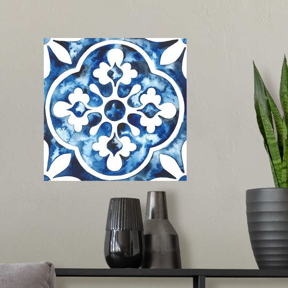 A modern room featuring Watercolor painting of a floral tile design in blue and white.