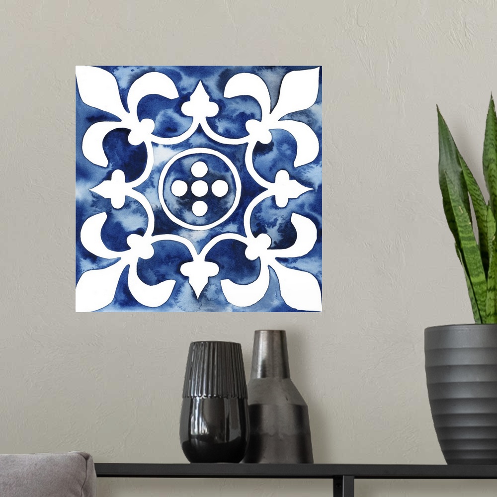 A modern room featuring Watercolor painting of a floral tile design in blue and white.