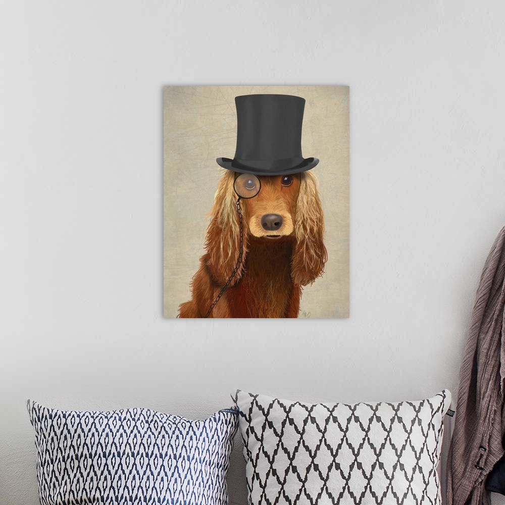 A bohemian room featuring A sharp-dressed cocker spaniel wearing a monocle and top hat.