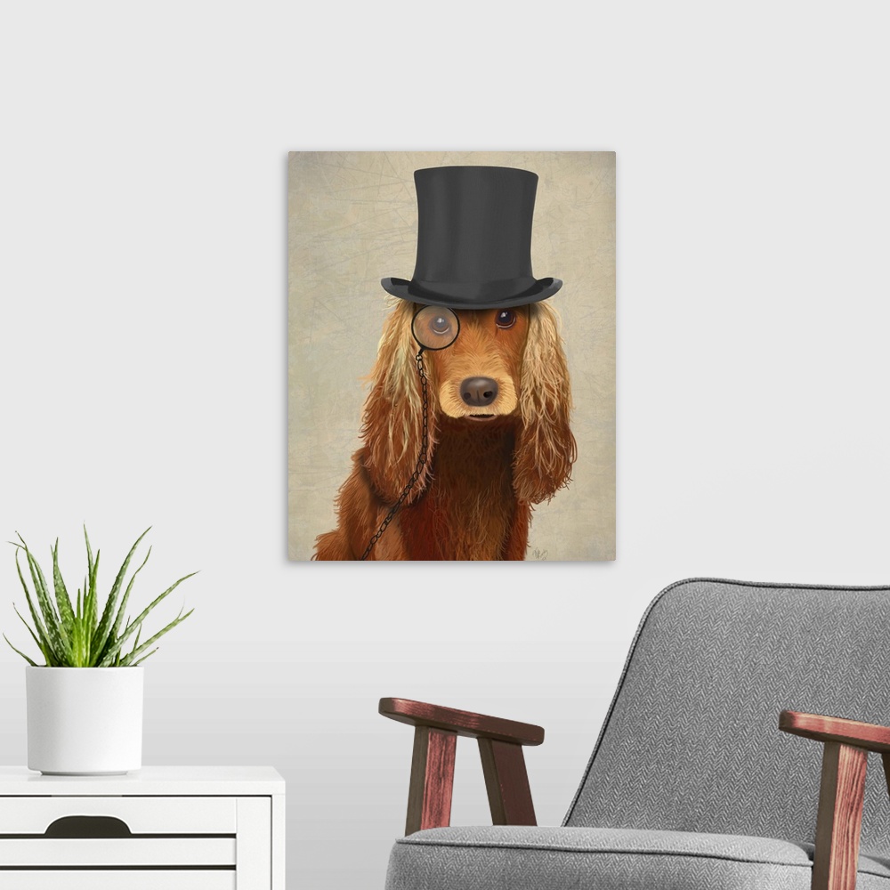 A modern room featuring A sharp-dressed cocker spaniel wearing a monocle and top hat.