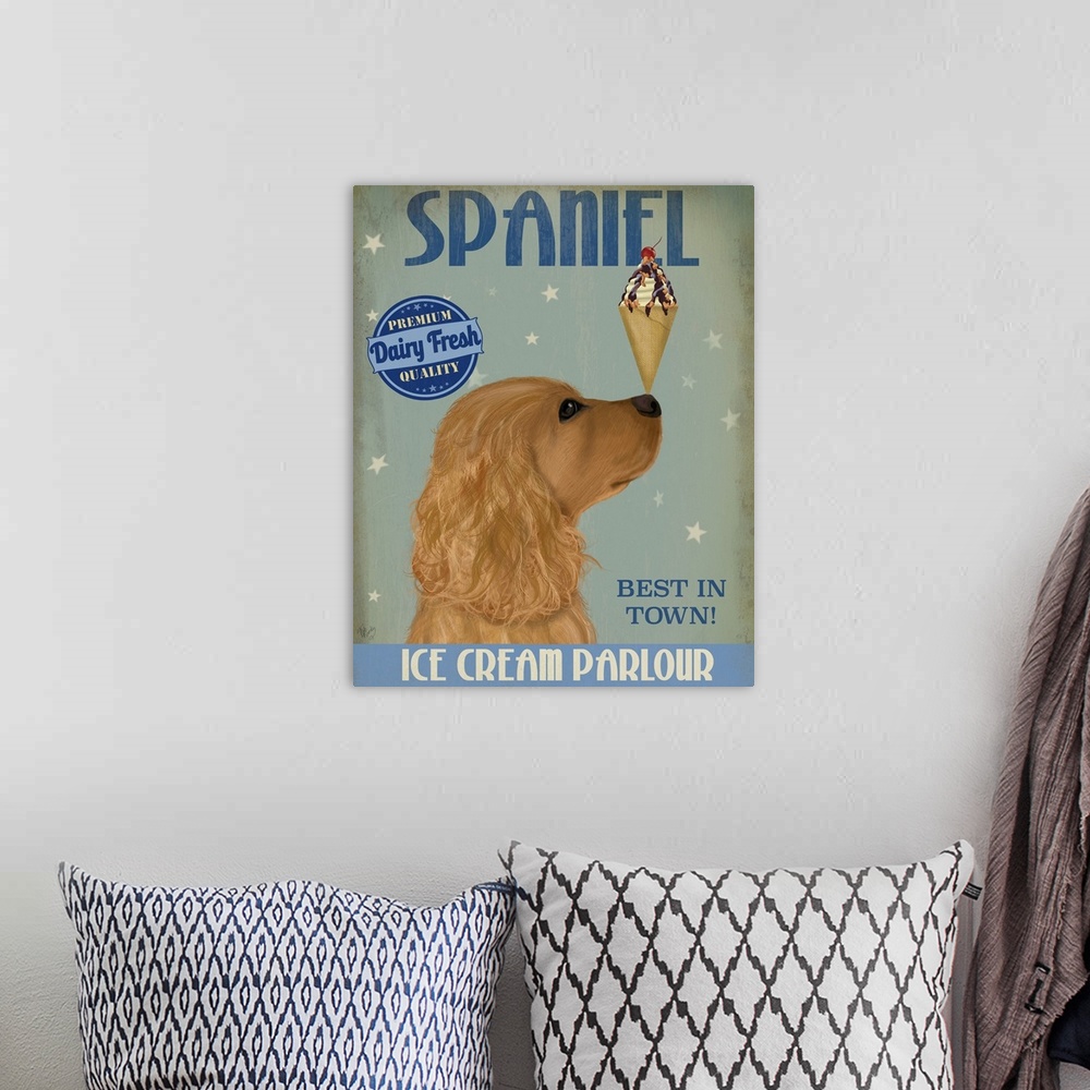 A bohemian room featuring Decorative artwork of a Cocker Spaniel balancing an ice cream cone on its nose in an advertisemen...