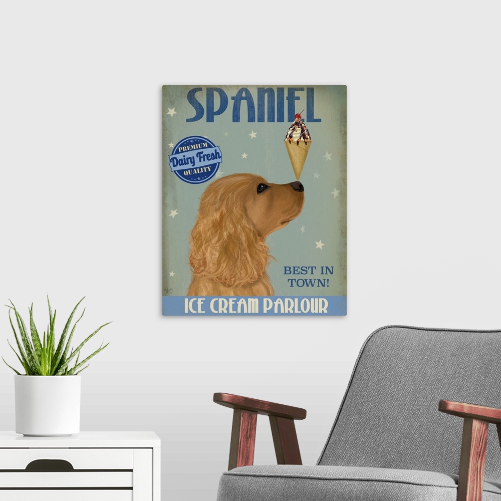 A modern room featuring Decorative artwork of a Cocker Spaniel balancing an ice cream cone on its nose in an advertisemen...