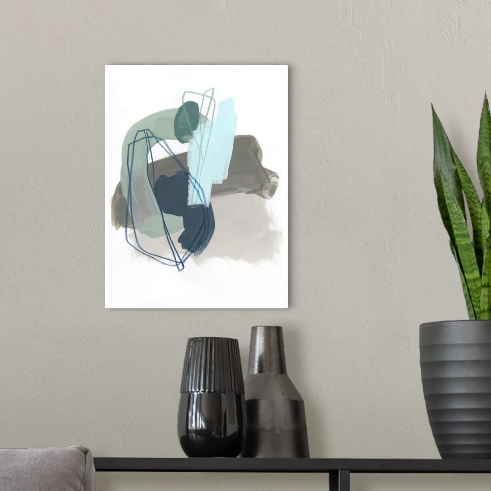 A modern room featuring Abstract painting in cool tones of gray, blue and teal with overlaying scribbles in circular shapes.