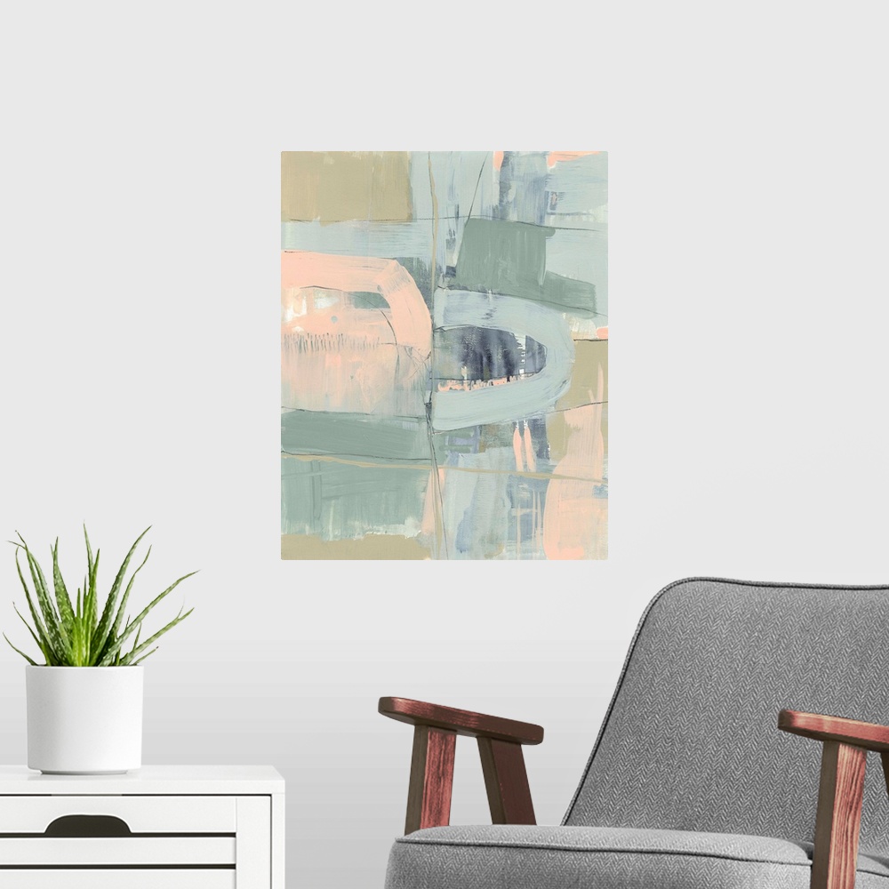 A modern room featuring Contemporary abstract painting constructed of blocks of pastel pink, green, and blue.