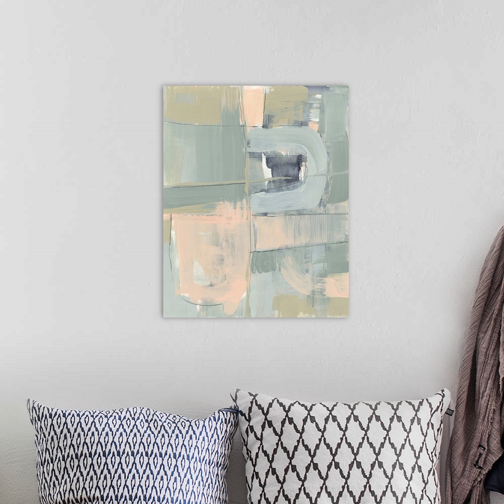 A bohemian room featuring Contemporary abstract painting constructed of blocks of pastel pink, green, and blue.