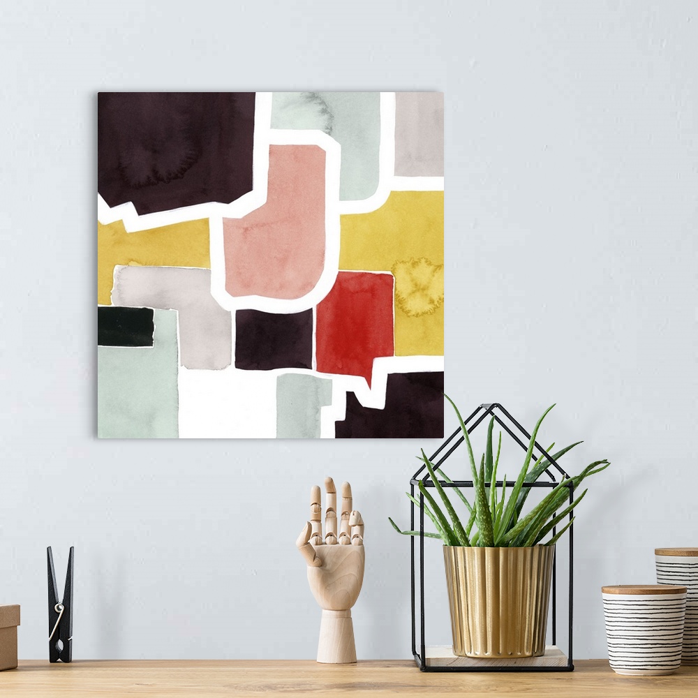 A bohemian room featuring Contemporary abstract painting with large multi-colored sections.