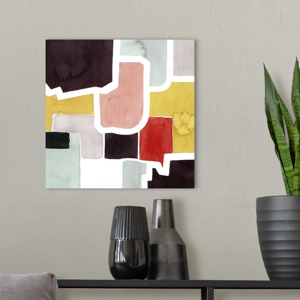 A modern room featuring Contemporary abstract painting with large multi-colored sections.