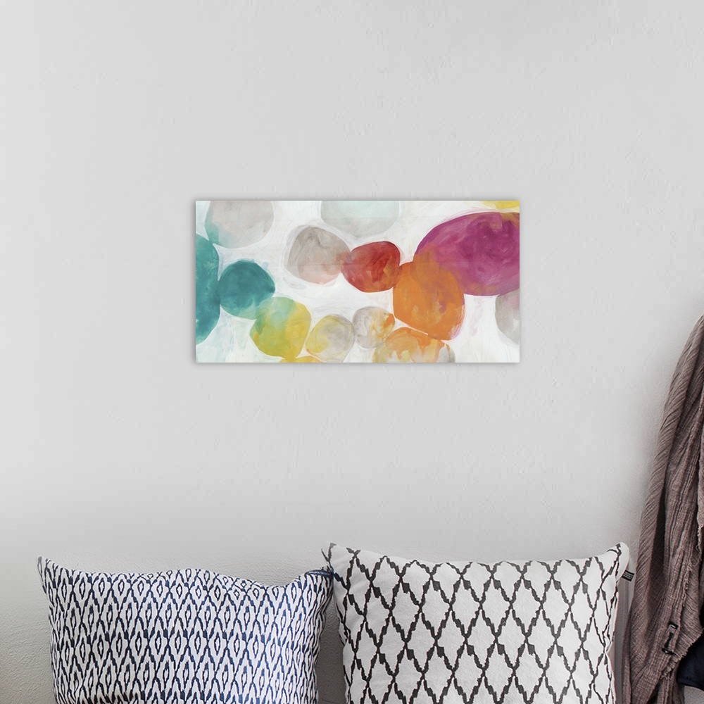 A bohemian room featuring Contemporary abstract painting of brightly colored organic shapes resembling river rocks against ...