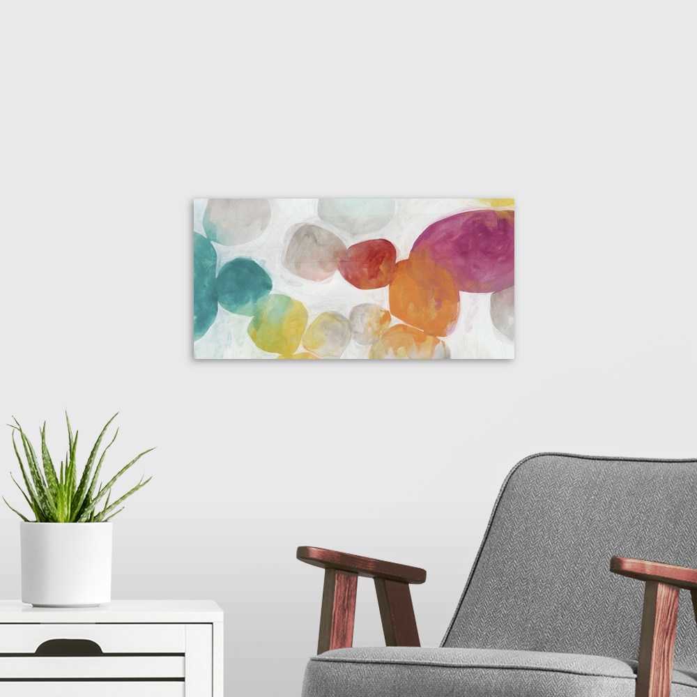 A modern room featuring Contemporary abstract painting of brightly colored organic shapes resembling river rocks against ...