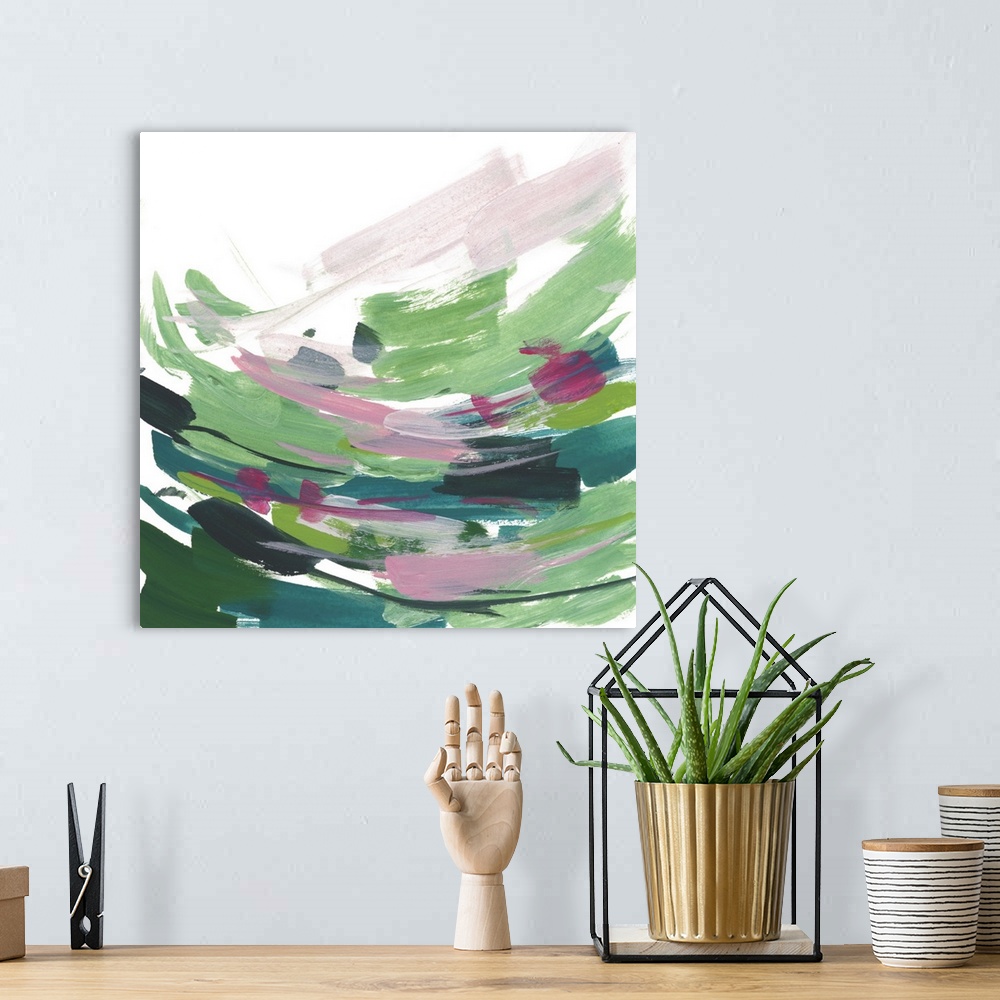 A bohemian room featuring Contemporary abstract painting with short colorful brush strokes.