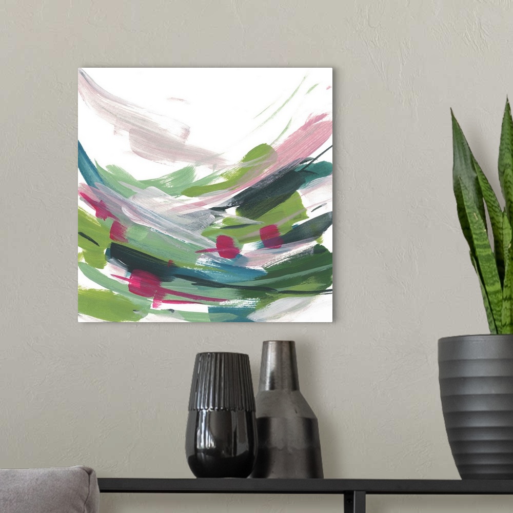 A modern room featuring Contemporary abstract painting with short colorful brush strokes.