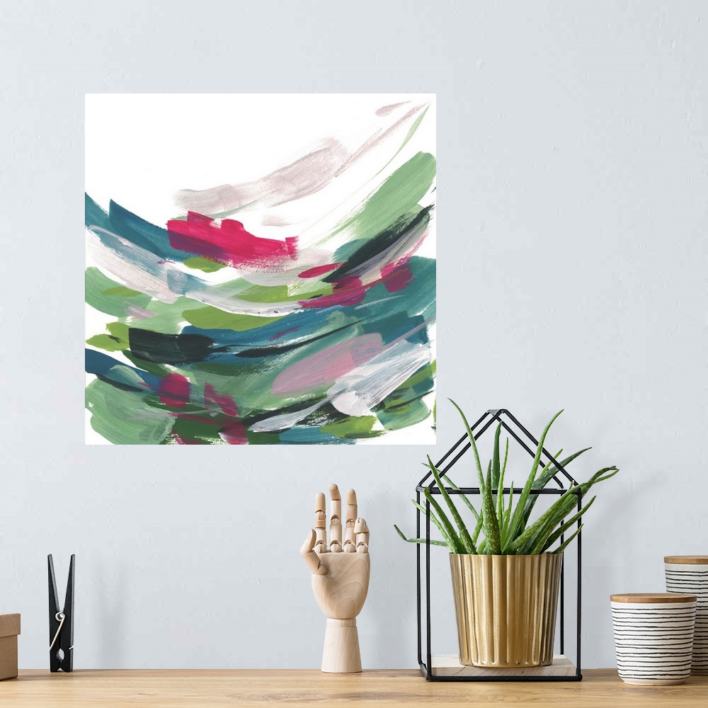 A bohemian room featuring Contemporary abstract painting with short colorful brush strokes.