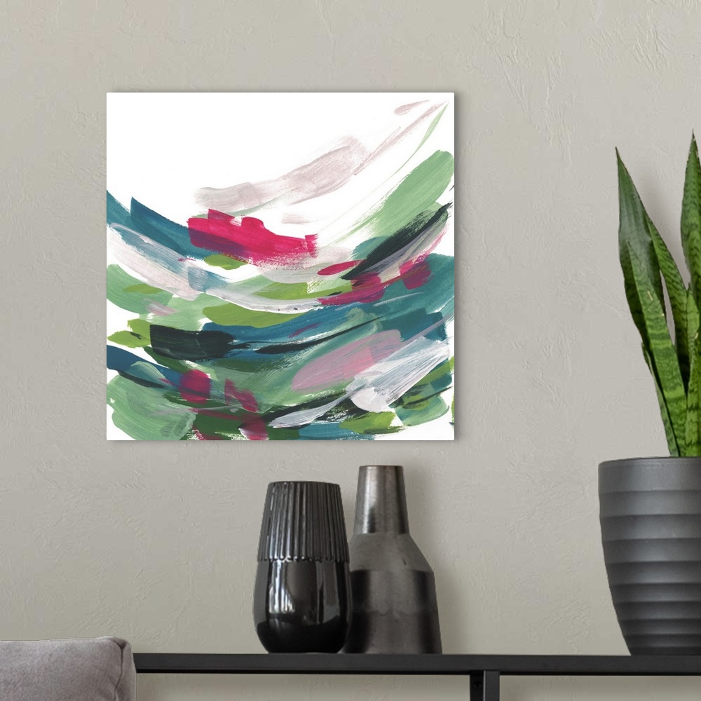 A modern room featuring Contemporary abstract painting with short colorful brush strokes.