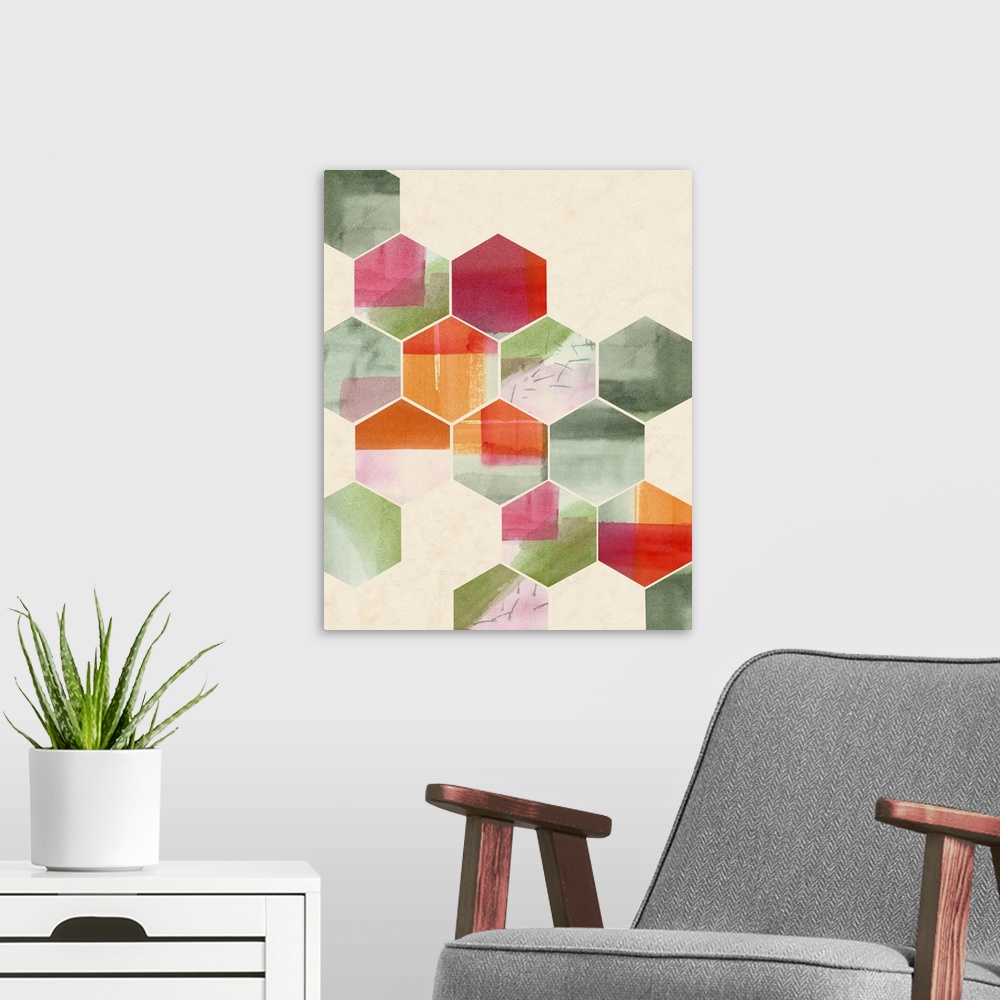A modern room featuring Geometric abstract art of hexagon shapes in red and green.