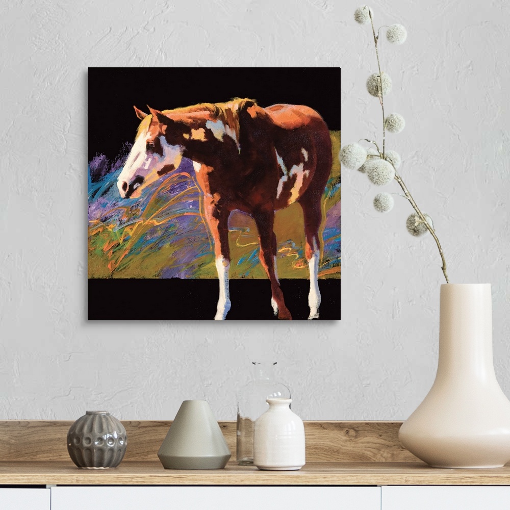 A farmhouse room featuring Square painting of a brown and white horse with an abstract background.