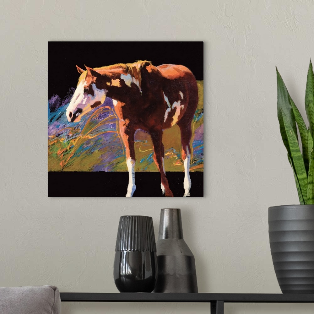 A modern room featuring Square painting of a brown and white horse with an abstract background.