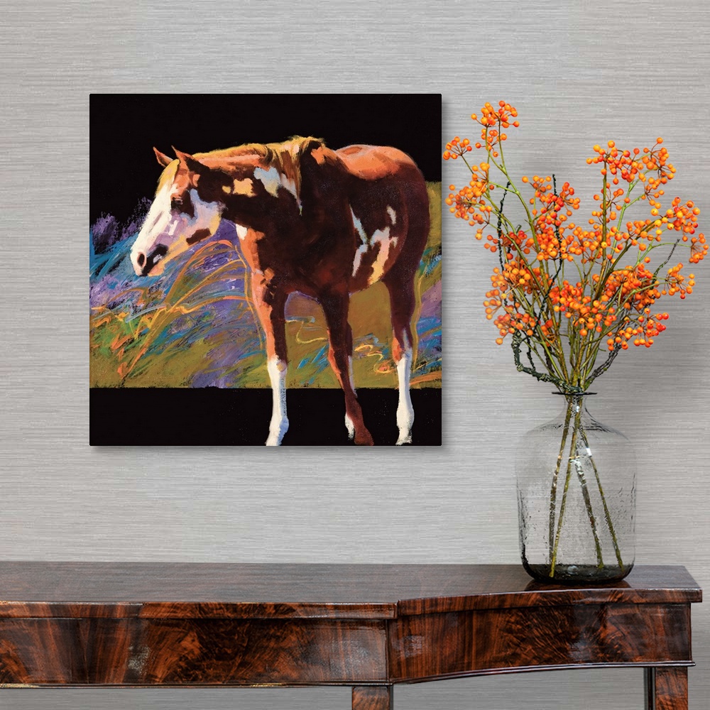 A traditional room featuring Square painting of a brown and white horse with an abstract background.
