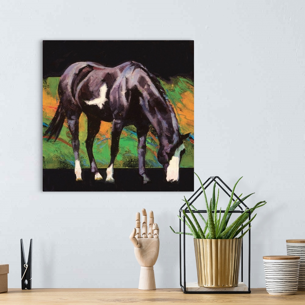 A bohemian room featuring Square painting of a black and white horse with an abstract background.