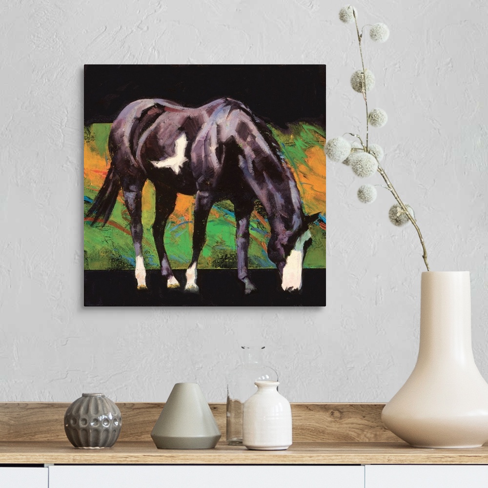 A farmhouse room featuring Square painting of a black and white horse with an abstract background.