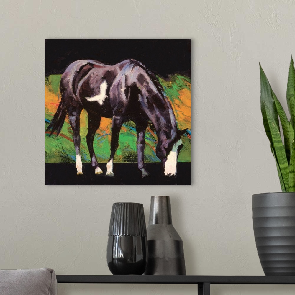 A modern room featuring Square painting of a black and white horse with an abstract background.