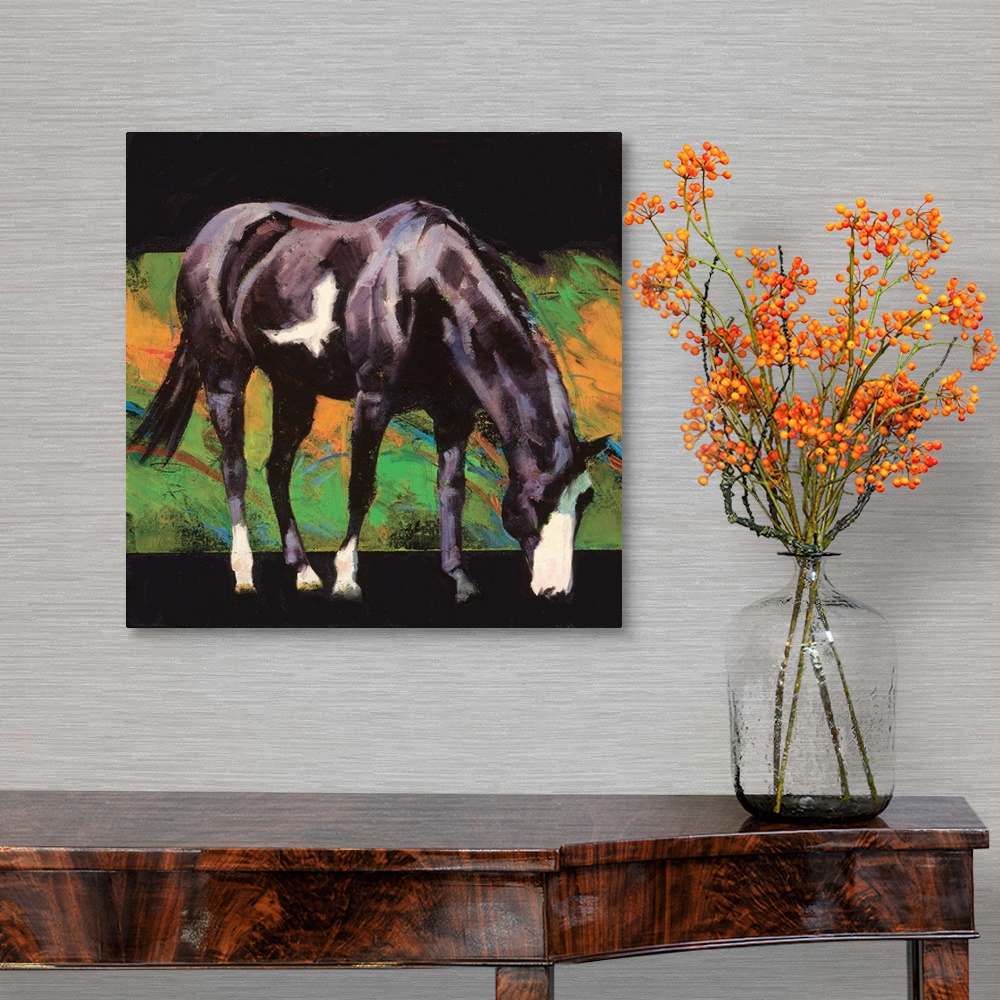 A traditional room featuring Square painting of a black and white horse with an abstract background.