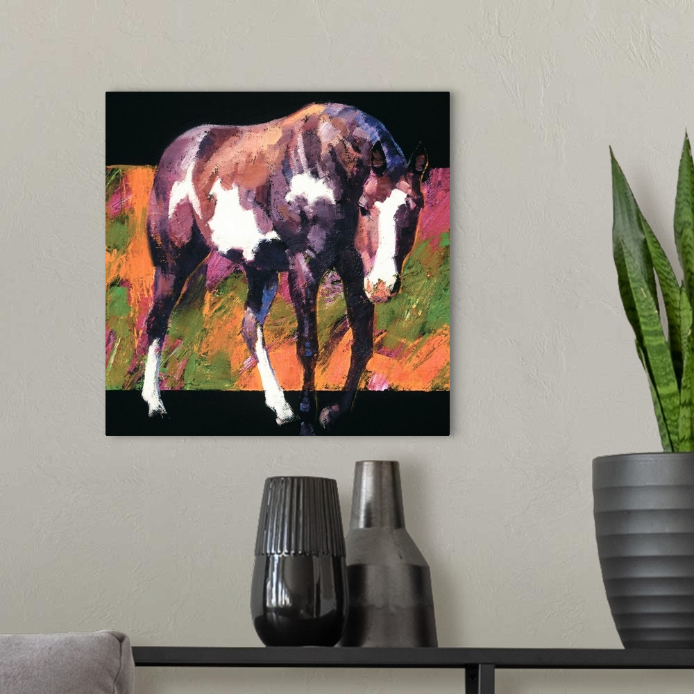 A modern room featuring Square painting of a brown and white horse with an abstract background.
