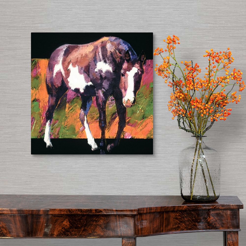 A traditional room featuring Square painting of a brown and white horse with an abstract background.