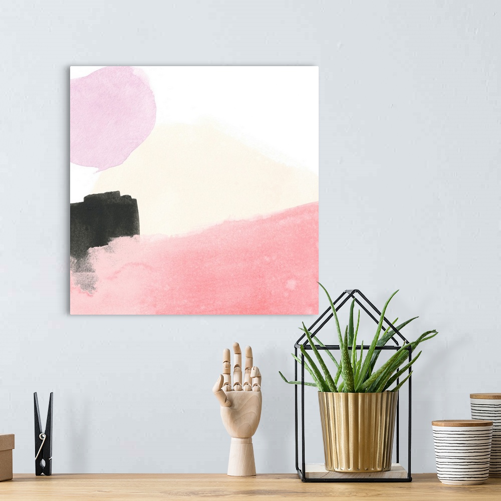 A bohemian room featuring Contemporary painting of watercolor shapes on a white background.