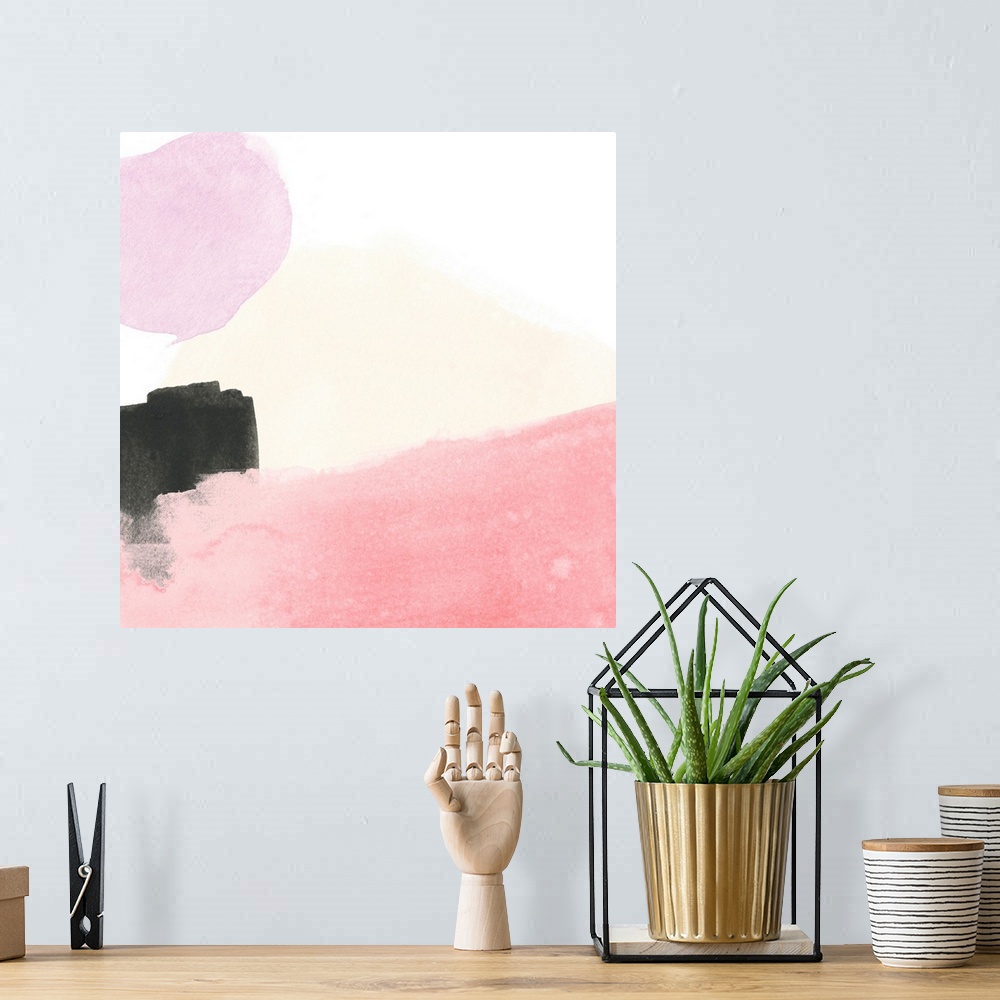 A bohemian room featuring Contemporary painting of watercolor shapes on a white background.