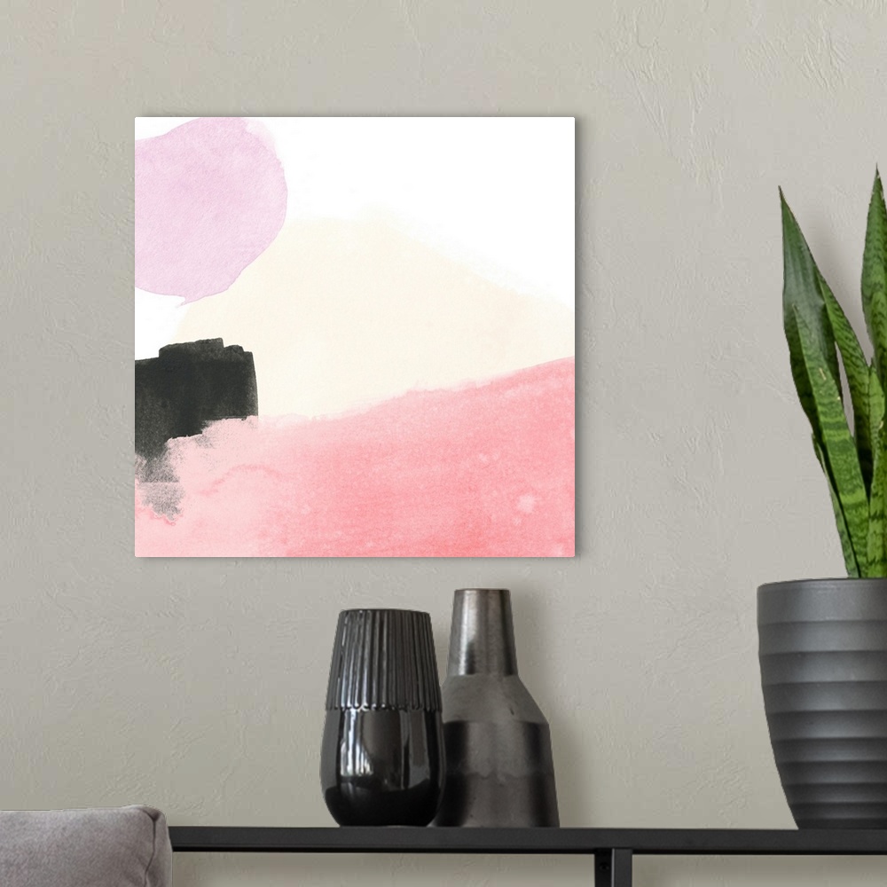 A modern room featuring Contemporary painting of watercolor shapes on a white background.