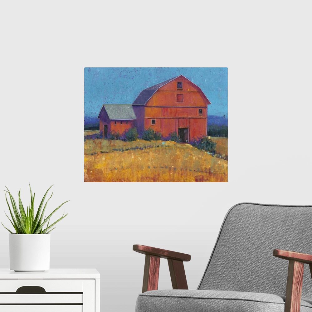 A modern room featuring A painting of a simple countryside farmhouse in shades of red, yellow and blue fills this contemp...