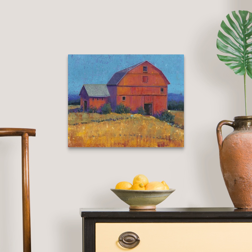 A traditional room featuring A painting of a simple countryside farmhouse in shades of red, yellow and blue fills this contemp...