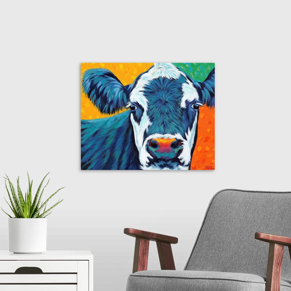 A modern room featuring Colorful contemporary painting of a portrait of a cow.