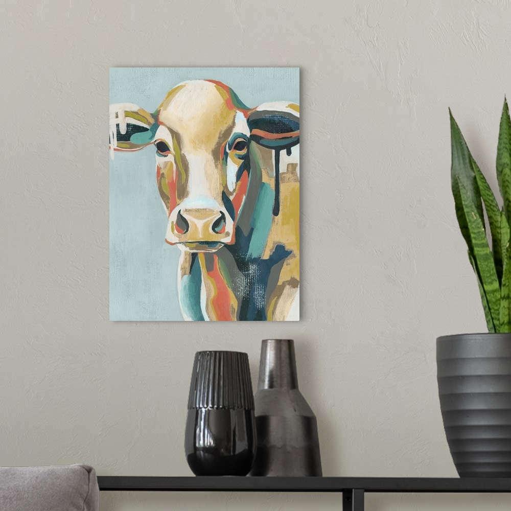 A modern room featuring Colorful Cows I