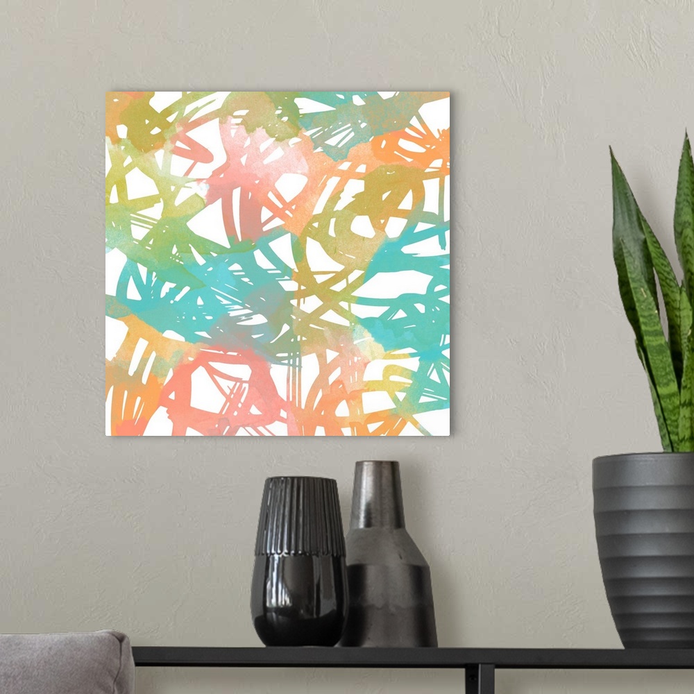 A modern room featuring Abstract art in rainbow pastel swirling brushstrokes on white.
