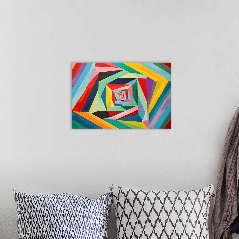 A bohemian room featuring geometric abstraction wall art